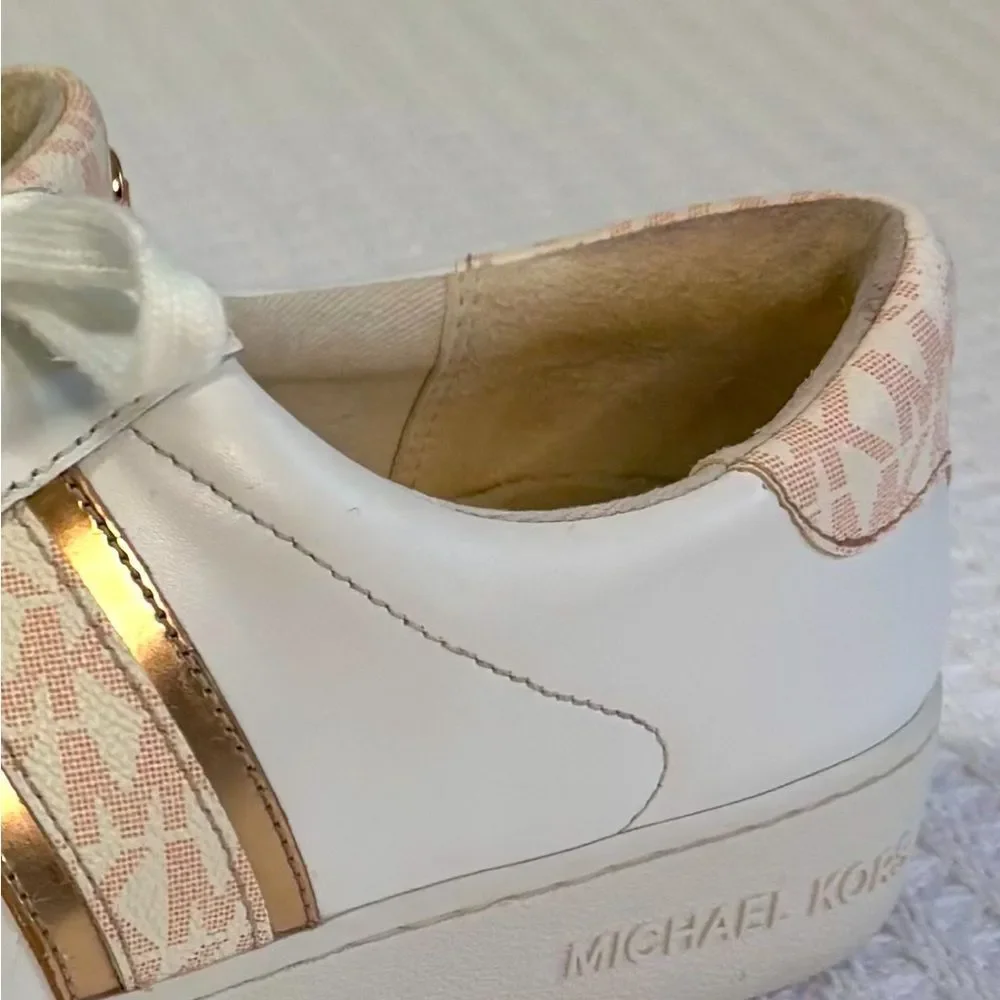 Michael Kors Irving‎ Stripe Sneakers Womens 9M White Rose Gold Leather Logo